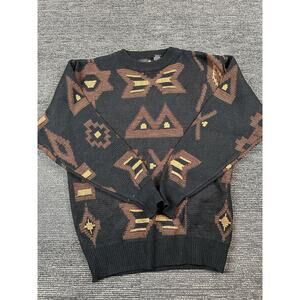 Vintage Sasson Small Pull Over Sweater Geometric Black and Brown Mens